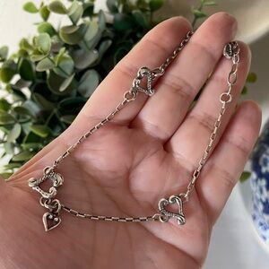 BRIGHTON Tuscan Heart Anklet Ankle Bracelet Silver Open Hearts Scroll 9”-10”